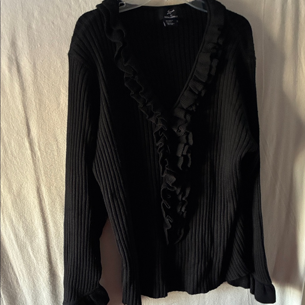 Nina Leonard Black Ruffled V-Neck Sweater